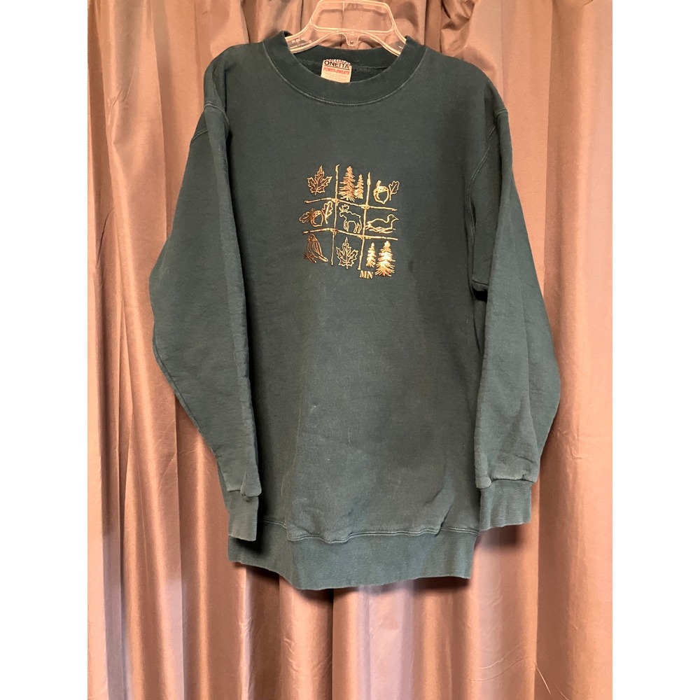 Oneita Sweatshirt Medium Green Minnesota Nature Vintage 90s